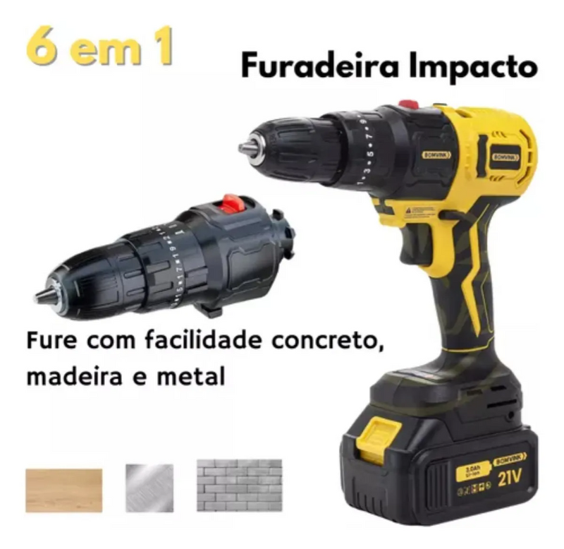 Kit 6 Em 1 Furadeira Parafusadeira Motoserra Multifuncional Amarelo 50/60 Hz